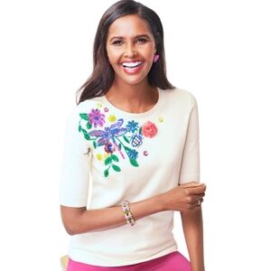 Talbots Sweater Embellished Floral Sweater – Size MP Cream Ivory RSVP By Talbots